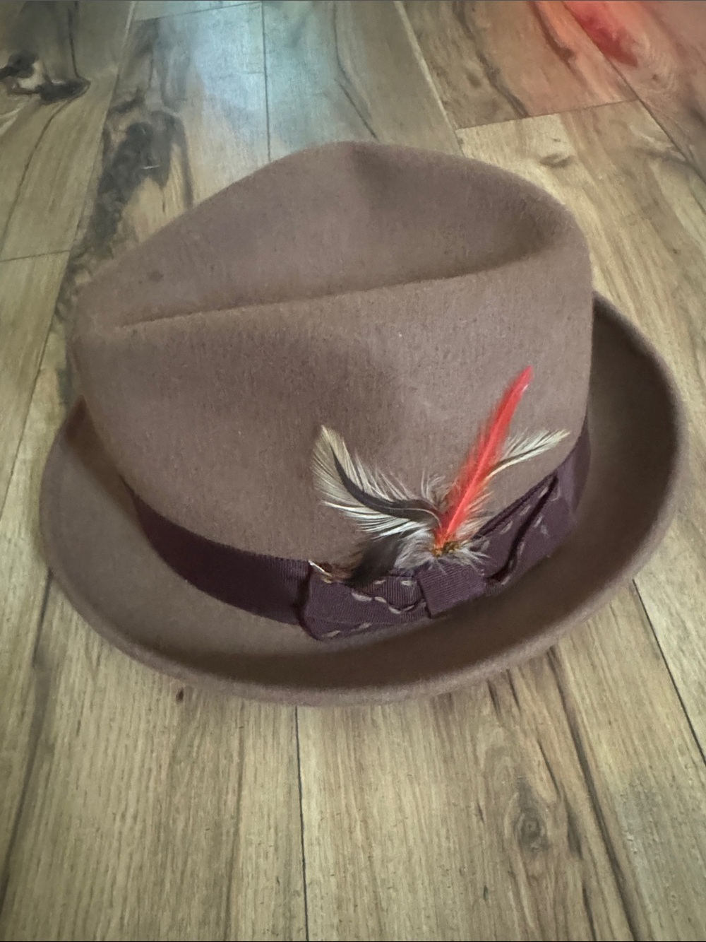 Brown Fedora Hat with Feather Trim - Men size M 100% wool